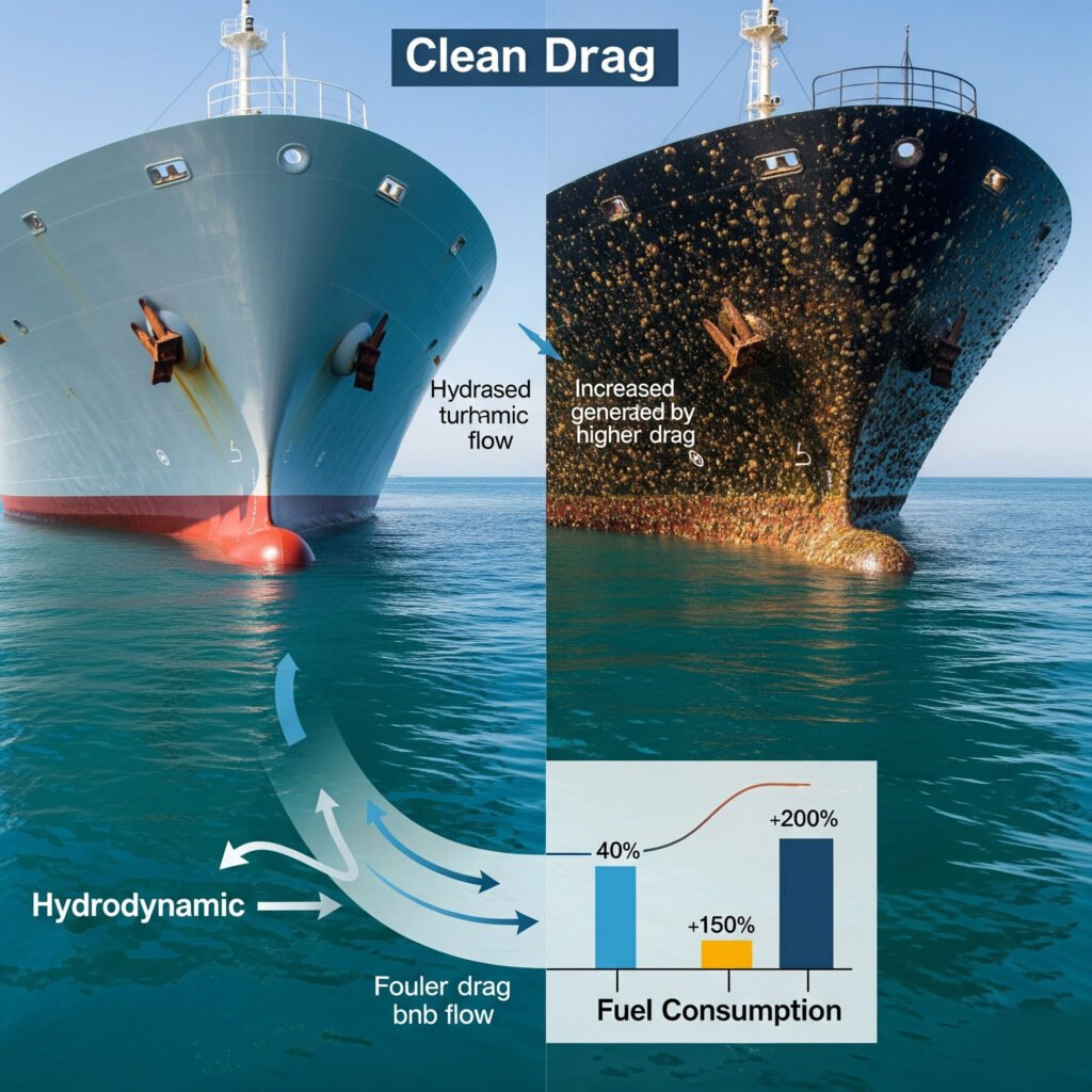 A clean hull vs. a fouled hull side-by-side, showing drag impact and fuel usage.